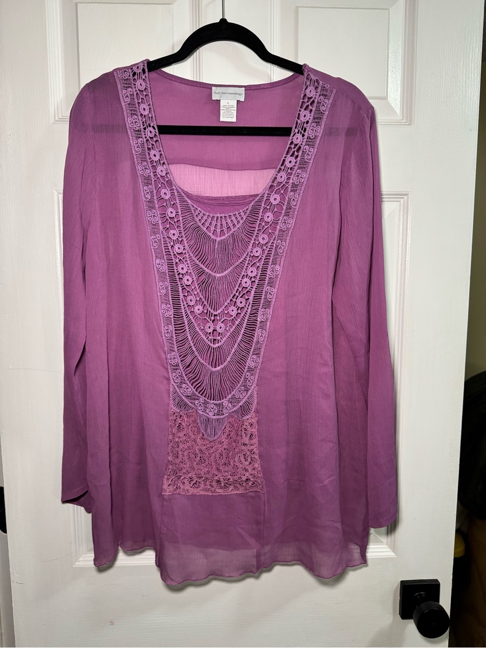 Lavender Crochet-Front Long Sleeve Tunic Size L